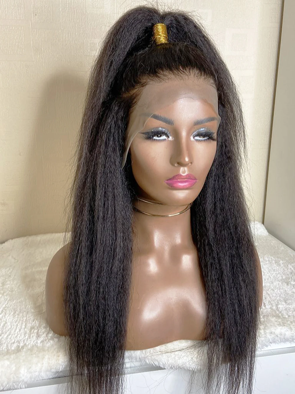 26Inch Long Yaki Soft Natural Black Kinky Straight 180Density Deep Lace Front Wig For Women With Baby Hair Preplucked Glueless