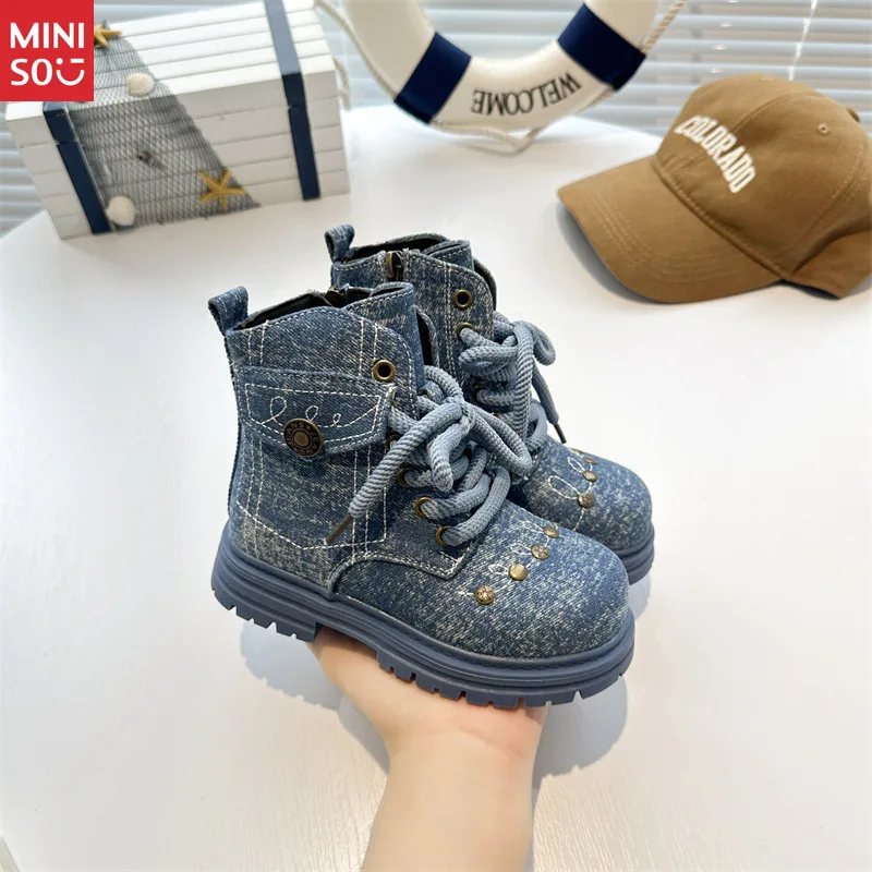 

Miniso 2025 Spring/Fall Kids Denim Martin Boots - Unisex Ankle Boots for Boys & Girls, New Arrival