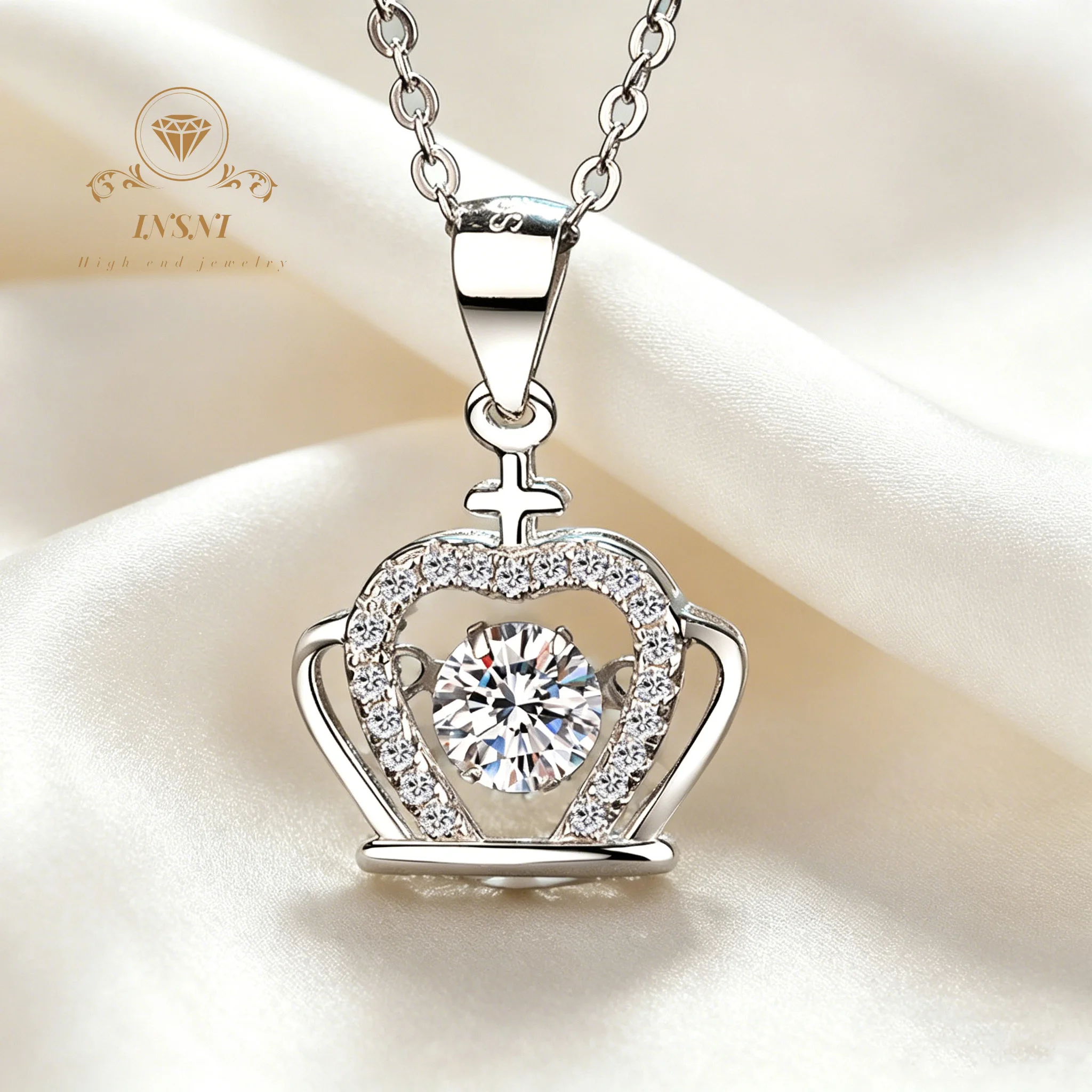 

0.5CT Moissanite Crown Pendant Necklace S925 Sterling Silver Flexible Locked Bone Chain Gift Affordable Light Luxury Jewelry
