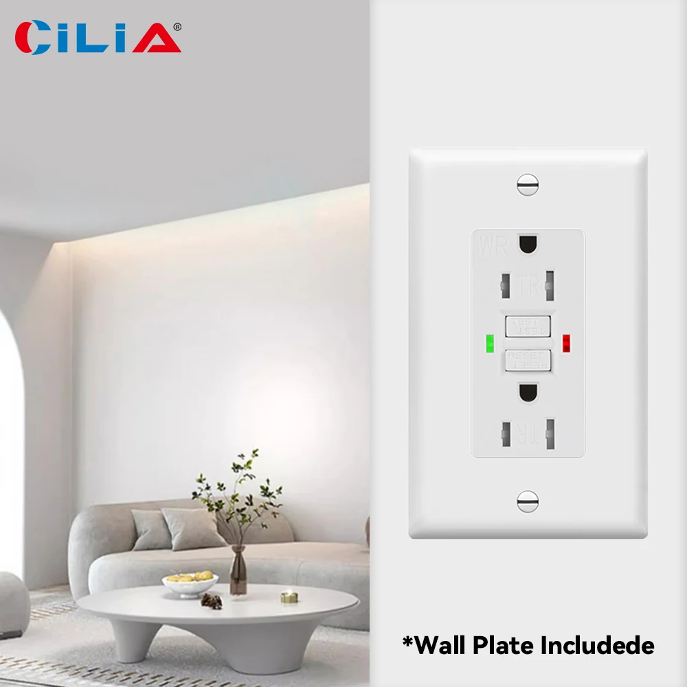 CILIA GFWR self-check smart lock professional ultra-thin GFCI waterproof socket, with PVC pure white panel, multi-functional