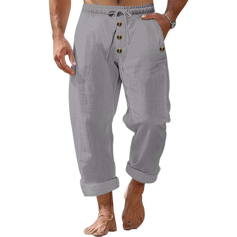 

Spring Autumn Men's Pants Casual American Style Solid Color Linen Loose Drawstring Pants Trousers