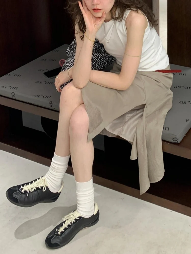 American Retro White Vest Women's Summer Design Asymmetrical Split f Skirt round Ne Two-Piece Set Faionable Casual Wear