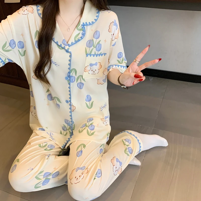 

Women's Tulips Dog Print Pajamas Two Piece Set Summer Women's Pajamas Set Home Wear Short-Sleeved Top and Long Korean Fashion