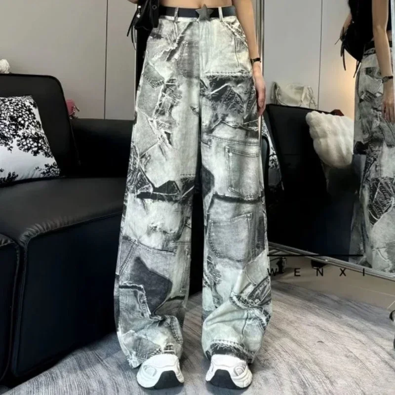 Girls Fashion Vingate Boyfriend Print Baggy Jeans Women Clothing Female Ladies Slouchy Streetwear Wide Leg Denim Pants AA1041