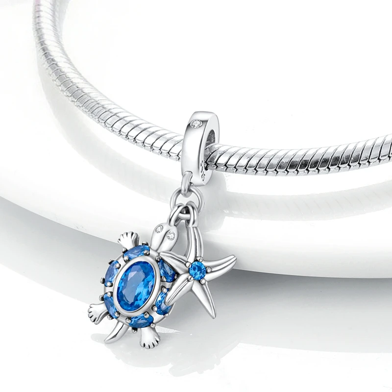 925er Silber Charm Anhänger Sommer Blauer Ozean Seestern Meeresschildkröte Wal Hai Charm Perlen passend für Armband Edle Modeschmuckherstellung – Detail 2