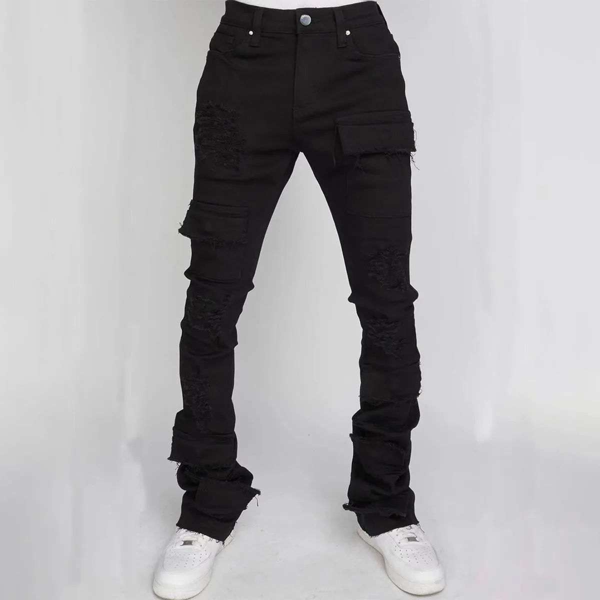 New Ripped Stretchy Men's Stacked Jeans Destroyed Wash Tear Cargo Pants Frayed Hem Muti-pockets Denim Trousers