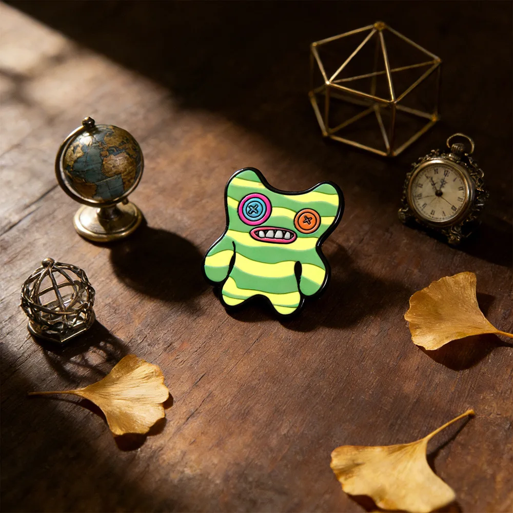 Cute Striped Monster Enamel Pin Cartoon Ugly Creature Metal Lapel Pin Backpack Badge Halloween Jewelry Gift