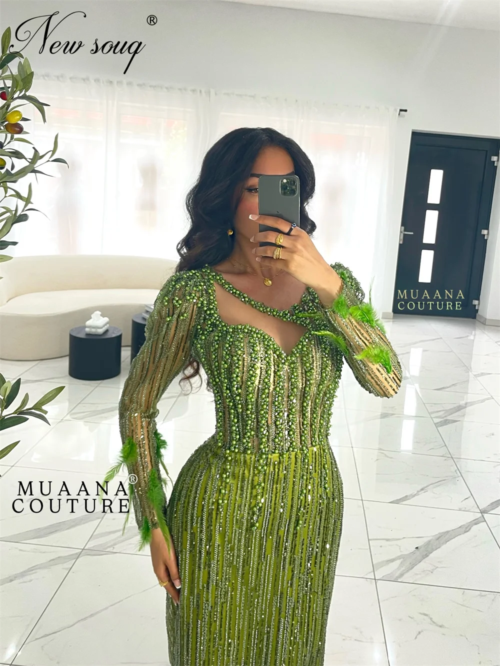 

2025 Newest Green Mermaid Evening Dresses Long Sleeves Pearls Wedding Party Gowns Women Prom Dress Vestidos De Cóctel Customized