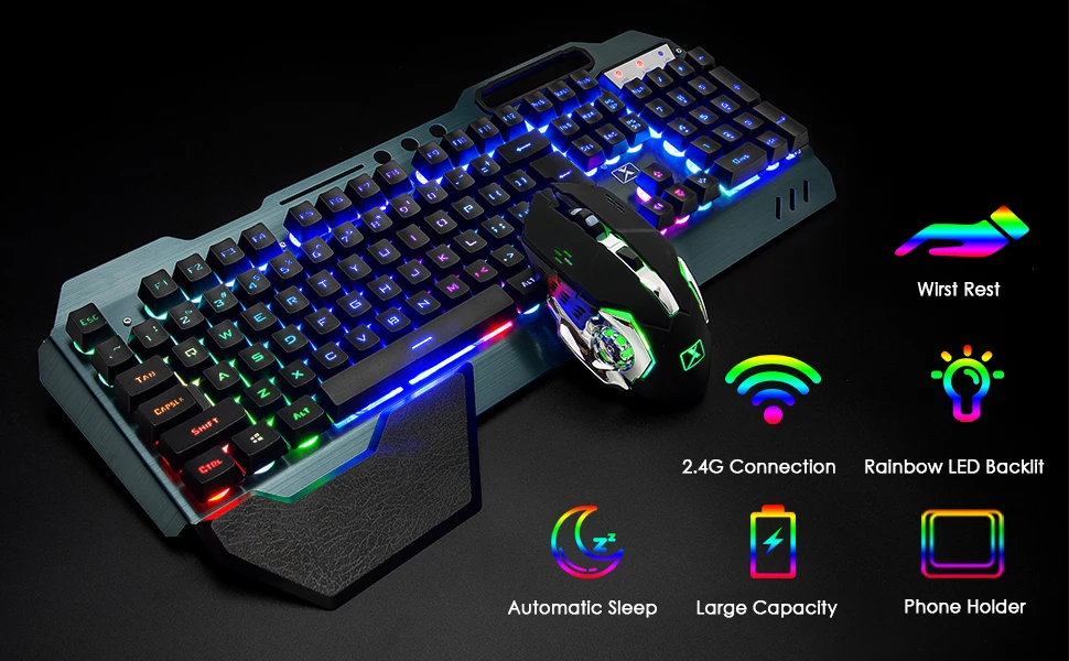 Wireless Gaming Keyboard and Mouse Set Rainbow/RGB Backlit Rechargeable Keyboard and 7 Color Gaming Mute Mouse with Pad