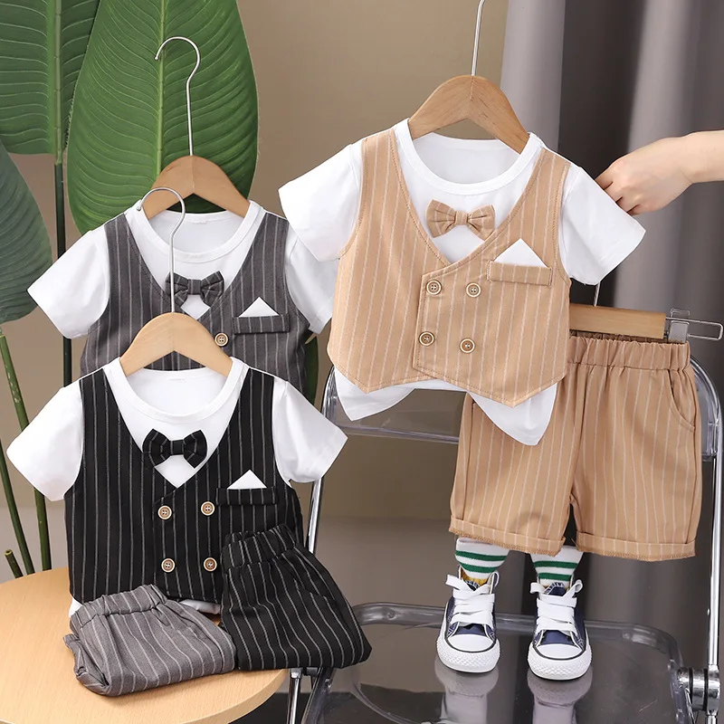 

Baby Boy 2PCS Formal Outfit Striped Vest Style Short Sleeve Shirt & Shorts Set with Bow Tie for Kids Birthday Wedding Party