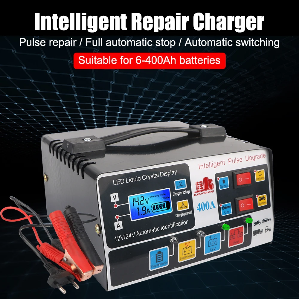 

12V/24V 220W High Power Fully Automatic Pulse Repair LCD Display EU Plug For SUV Truck Boat Motorcycle Car Battery Charger