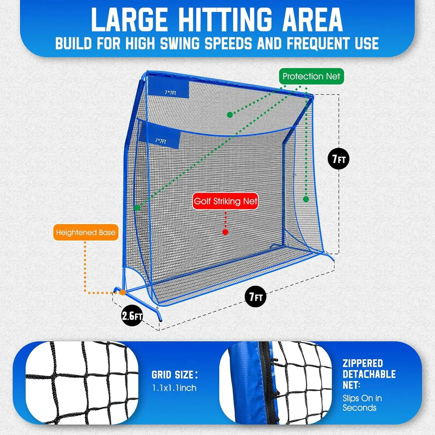 7x7ft High-quality Golf Hitting Net Metal Frame Indoor Outdoor Backyard Golfers Driving Swing Training Extra Striking Net