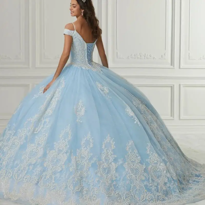 Vestido de baile azul com apliques Spaghetti Lace Sweetheart, vestido 16 doce, vestido Quinceanera, 2024