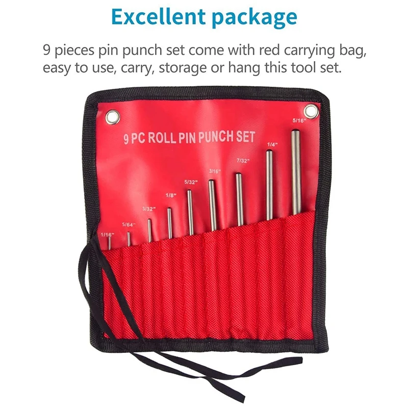 Roll Pin Punch Set With Storage Pouch, 9 Piece Steel Removal Tool Kit