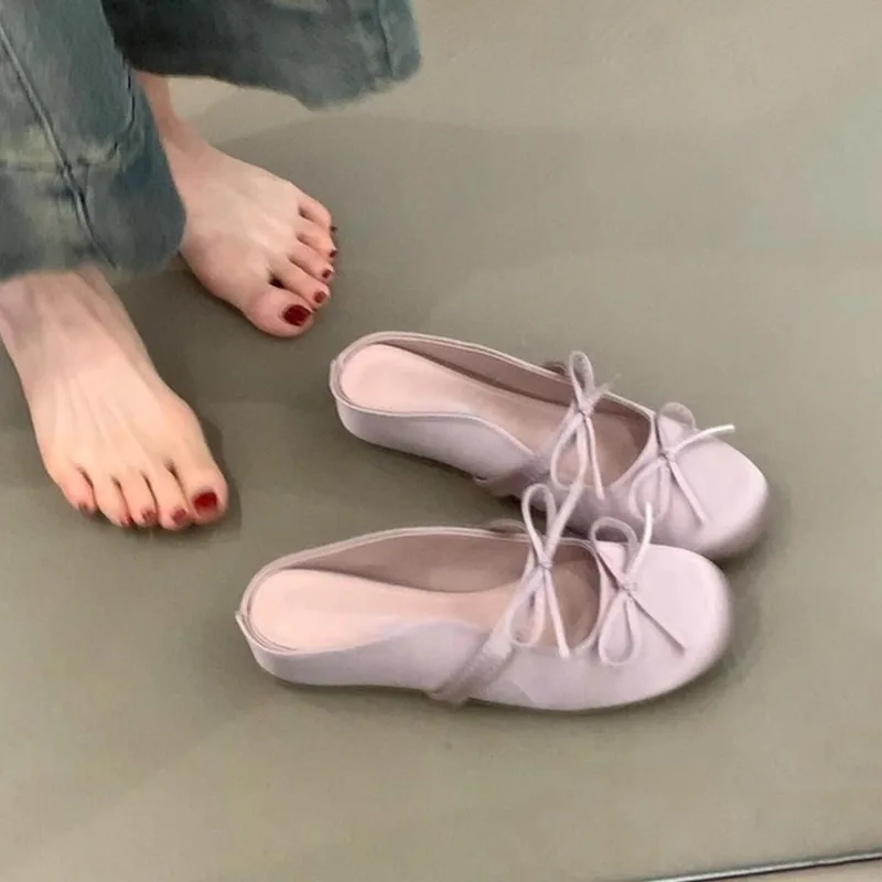 

Summer 2025 New Height-increasing, Flat-bottomed, Comfortable Flip-flops, Bow-shaped, Satin, Round-toed, Half-slipper for Women