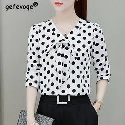 Camicetta elegante con stampa a pois con fiocco da donna primavera autunno coreano Fashion Office Lady Business Casual Shirt con scollo a V manica lunga top Ropa