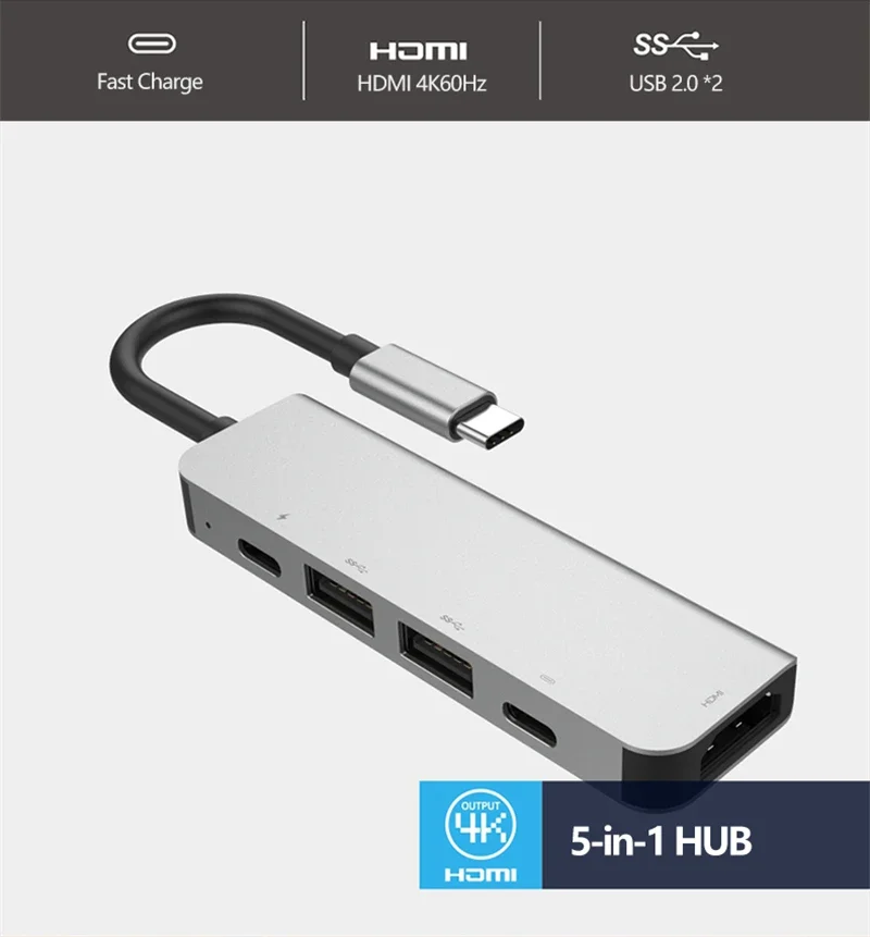 5-in-1-Erweiterungsdock USB-C auf Adapter 4K-Projektionsbildschirmkonverter PD-Aufladung Typ-C-Erweiterungsdock für Telefon Laptop TV