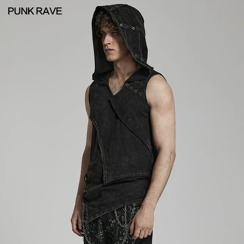 PUNK RAVE Men's Punk Handsome Elastic Knitted Hooded Vest Daily Washed Process Mens Black Tank Spring Summer