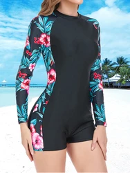 Bañador estampado de manga larga para mujer, traje de baño de una pieza con cremallera, ropa de buceo, 2023