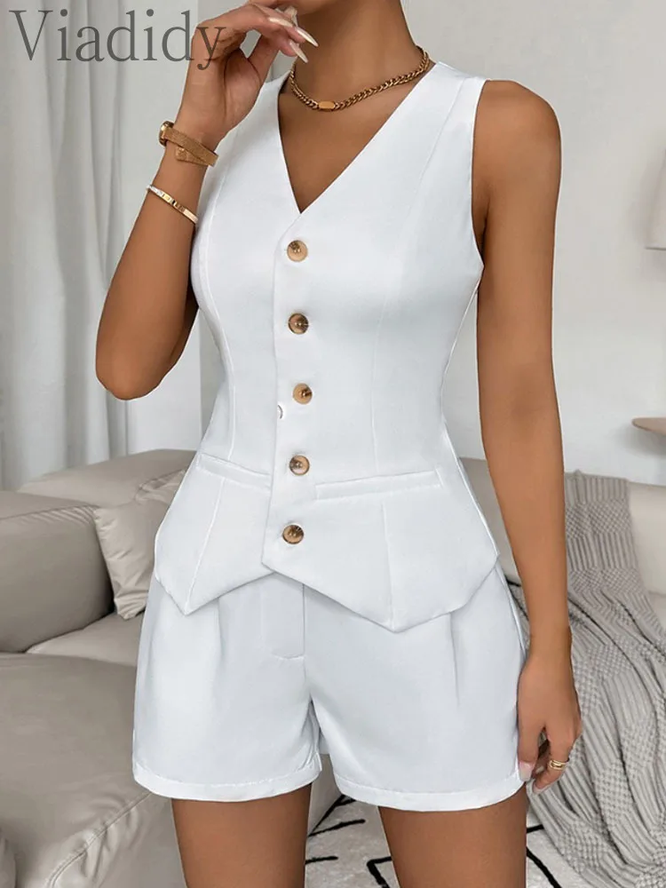 

Women's Casual 2 Pieces Outfit V Neck Sleeveless Button Front Vest and High Waist Shorts Set