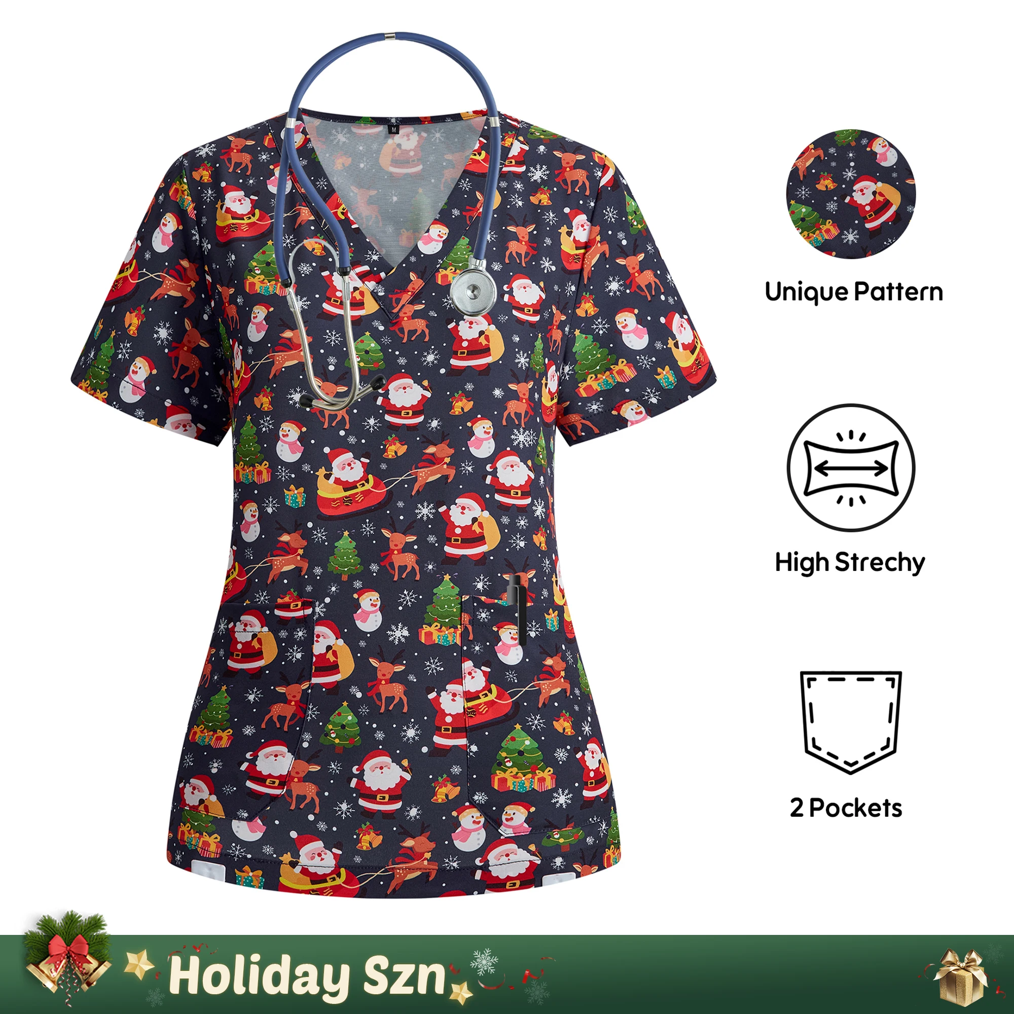 【Рождество】Женский скраб-топ, темно-синий хирургический медицинский праздник, мультяшный Санта-Клаус, олень, униформа медсестры, больница