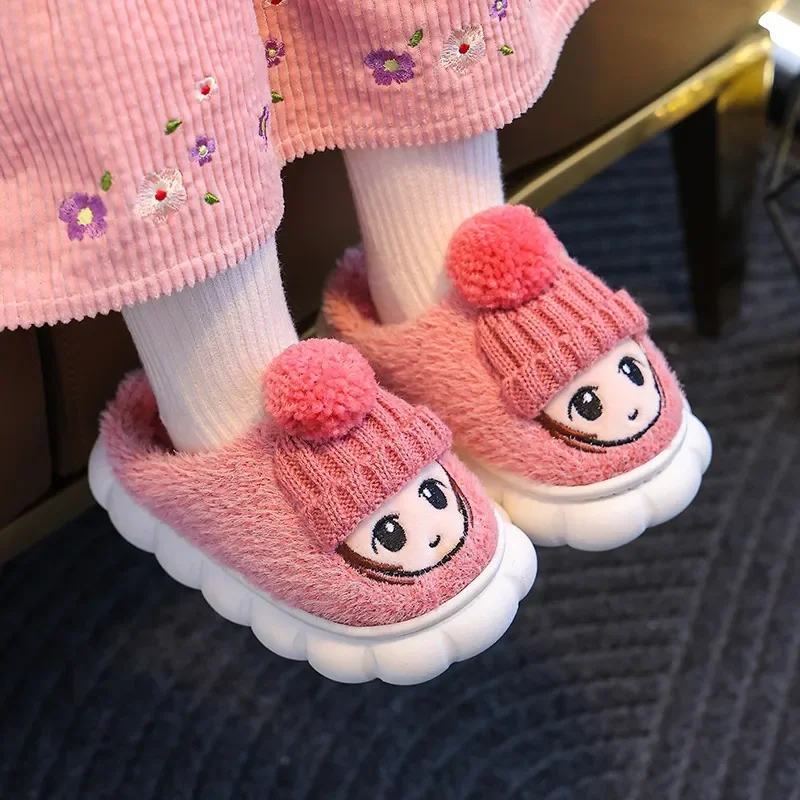 Winter Aged 2-10 Girls Antiskid Cotton Shoes Children\'s Cute Cartoon Home Indoor Mule Plush Slippers Warm Furry Kids Footwear