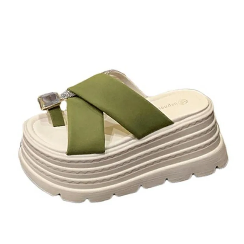 

8 см римские блестящие хрустальные тапочки, женские летние новые модные пляжные тапочки на высокой платформе с блестками и открытым носком, кожаные сандалии, шлепанцы