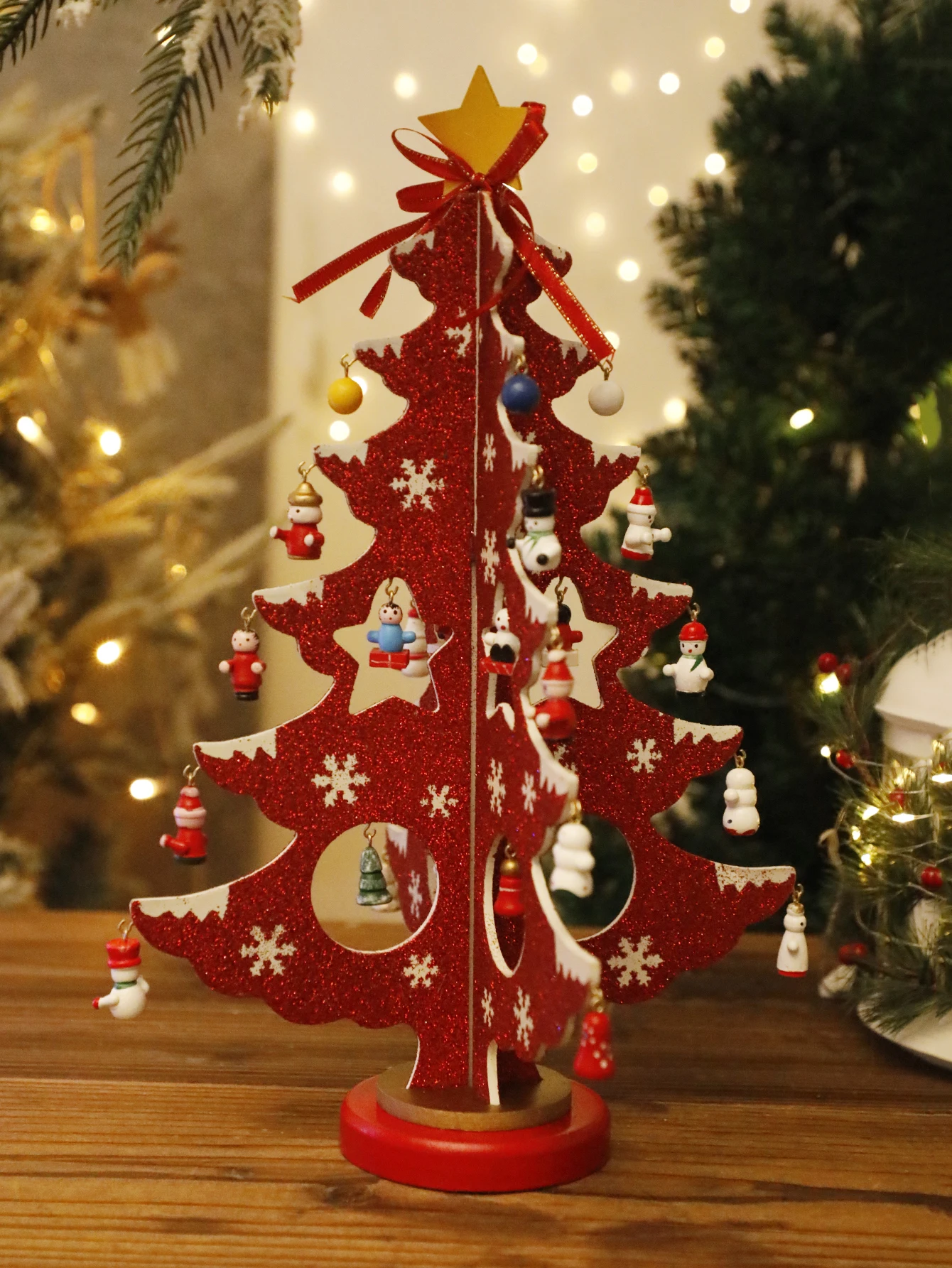 

Hand Wooden Mini Christmas Tree Ornament snowflakes snowman hanging ornament Festive Tabletop Holiday Decor Table Centerpiece