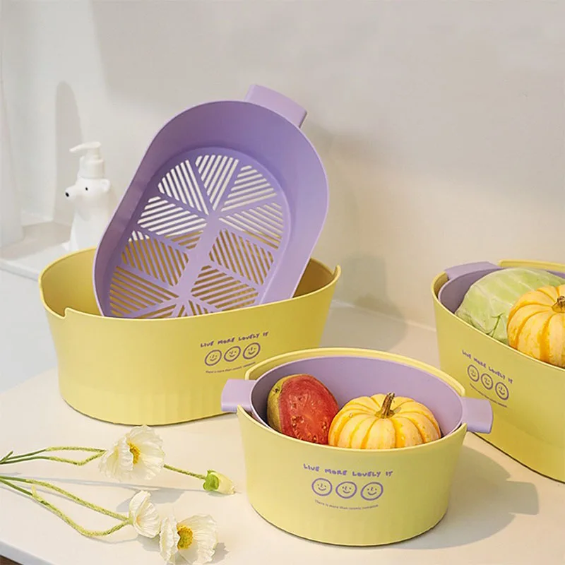 Large Double-layer Removable Vegetable Washing Basin Plastic Drain Basket Thickened Kitchen Storage Sink Noodles Fruit Drainer