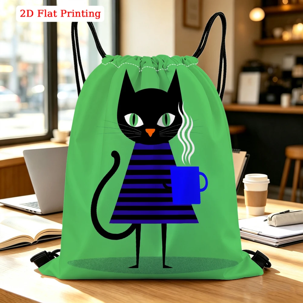 Black Cat Holding Blue Mug Drawstring Backpack, Travel Shoe Bag, Fitness Sports Backpack, Travel Outdoor Drawstring Bag