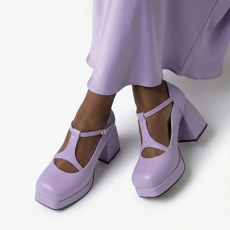 Plus Size Women Platform Block Heel T-Strap Mary Jane High Heels PU Leather Buckle Strap Closed Square Toe Party Daily Pumps