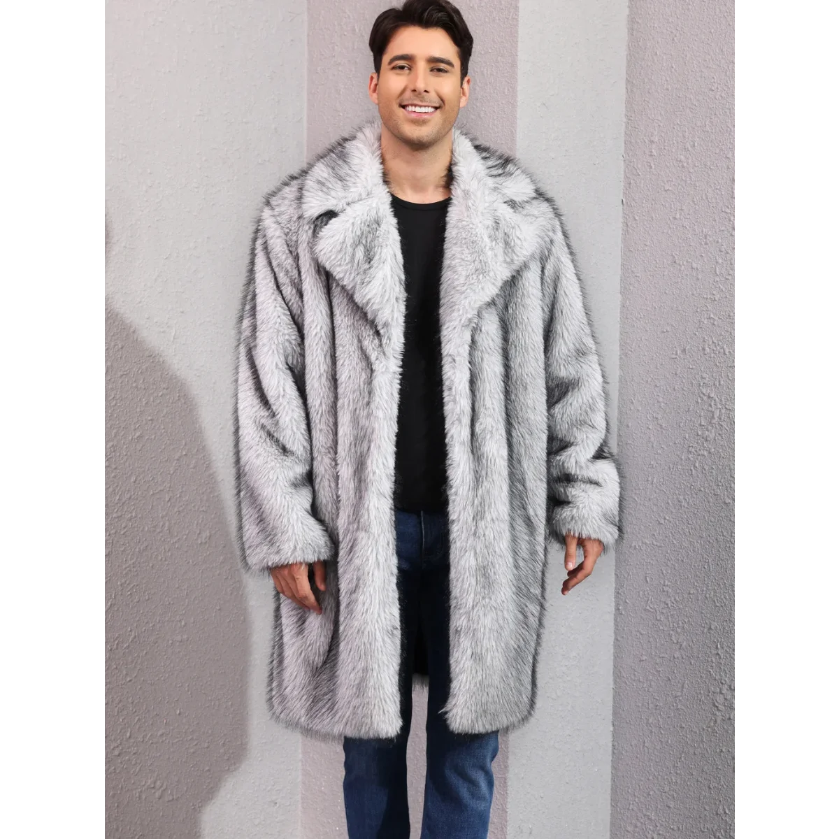 معاطف فرو الثعلب الصناعي للرجال لخريف وشتاء 2025 معاطف سميكة وسترات بأكمام طويلة وياقة مقلوبة وغرزة مفتوحة مستقيمة ماكسي غير رسمية #6