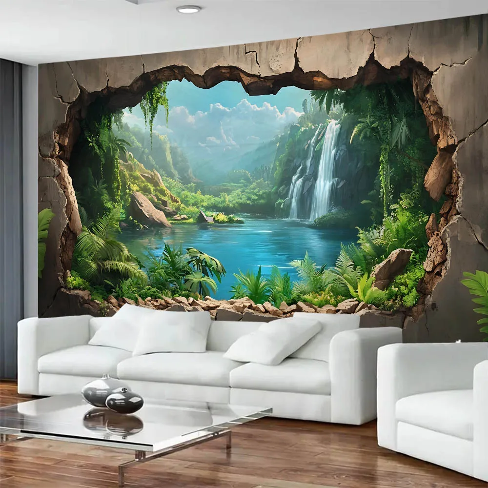 3D Stone Brick Wall Tapestry - the Scenery outside the Broken Wall Large Wall Hanging for Living Room Bedroom Fabric Decoration