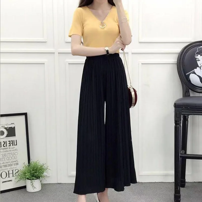 Wide leg pants pleated chiffon high waisted loose skirt pants with large hem and drape feeling, large size random linen spring/s