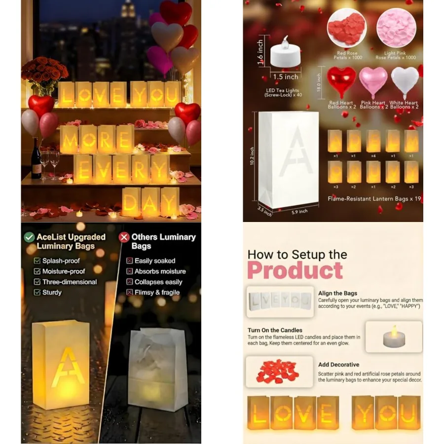 

Romantic Anniversary Decorations Set - 19 Pcs Luminary Bags with 40 LED Tea Lights, 2000 Rose Petals and 6 Heart Balloons - Lig