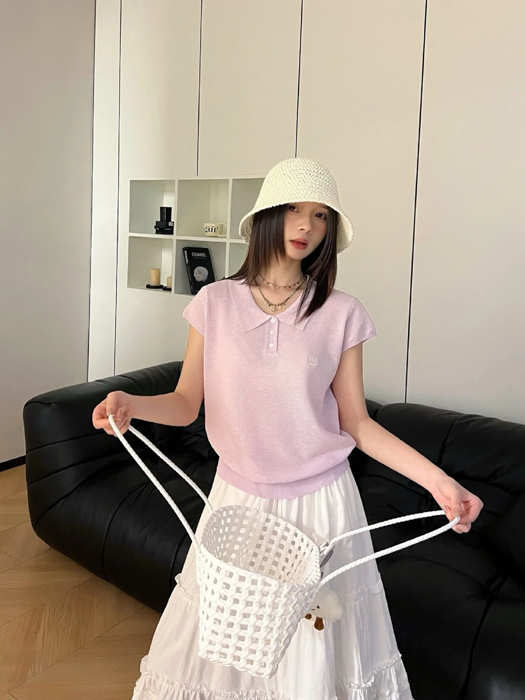 

Women's Neck Knitted Sweater Spring Summer Small Flying Sleeve Hooded Korean Style Simple Embroidery Top Breathable Casu...