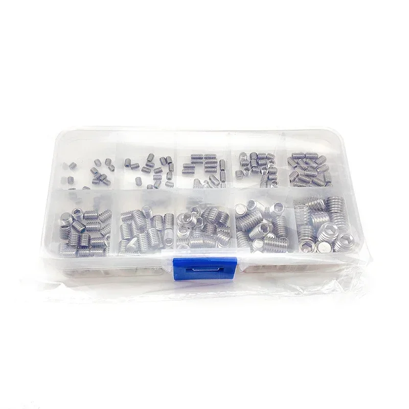 200pcs/Box M3 M4 M5 M6 M8 Hex Hexagon Socket Set Screw Kit Headless Flat Point Grub Screw Tapered End Headless Bolt Sets Box