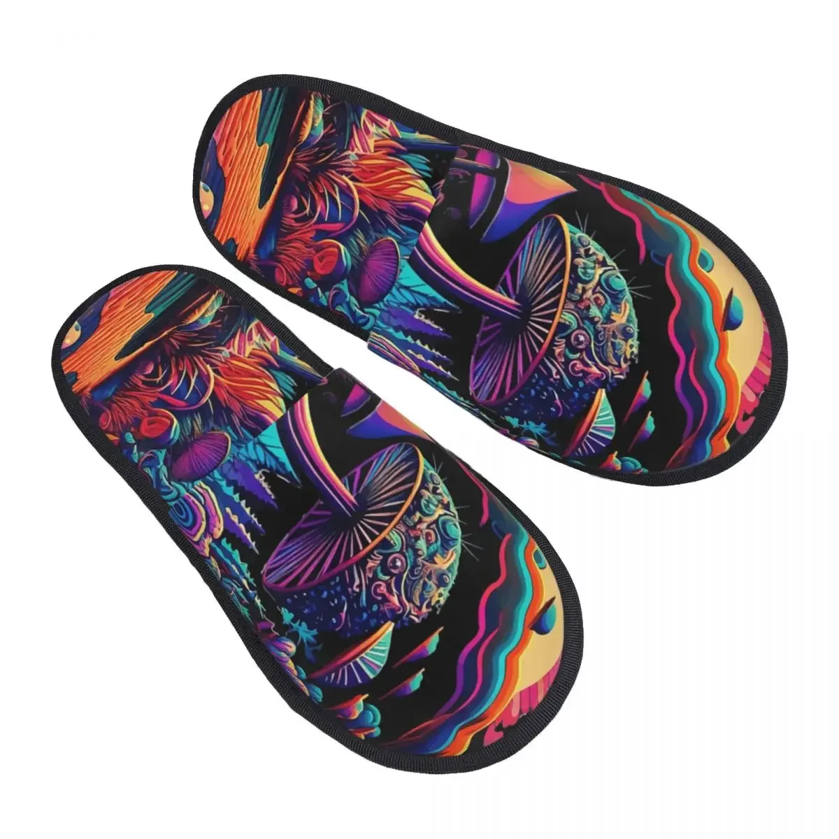 Custom Print Women Trippy Psychedelic Vibrant Mushrooms House Slippers Cozy Warm Memory Foam Fluffy Slipper Indoor Outdoor Shoes