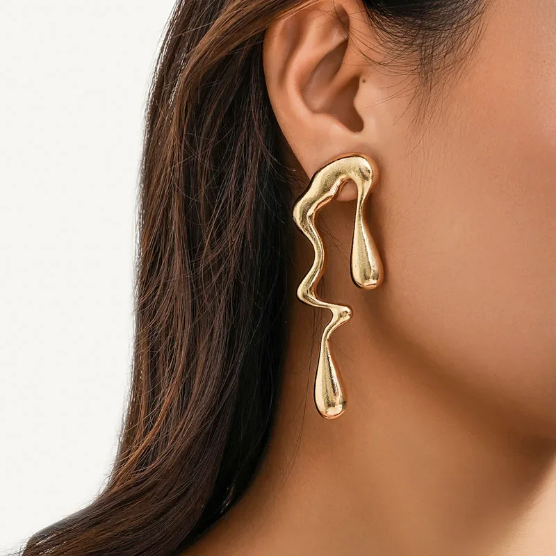 2pcs New Creative Metal Irregular Water Drops Stud Earrings for Women Vintage Gold Color Geometric Long Earrings Christmas Gifts image 6