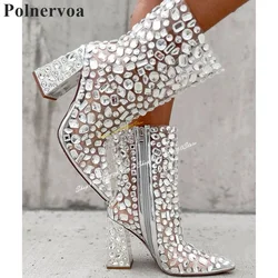 Sparkling Clear PVC Crystal Decor Ankle Boots Chunky High Heel Shoes For Women Side Zipper Pointed Toe 2024 Zapatos Para Mujere