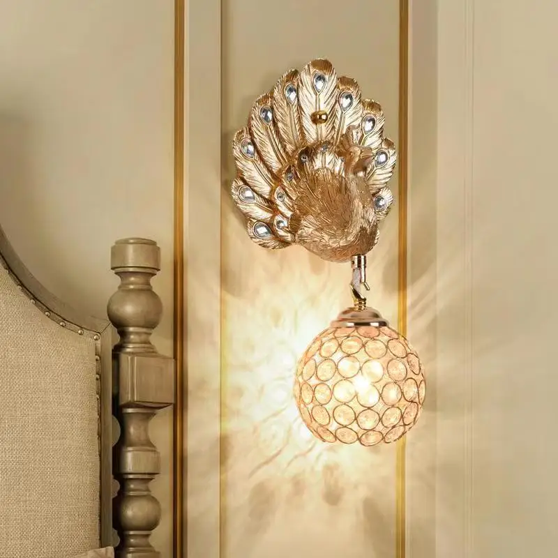 DLMH Contemporary Resin Peacock Wall Light LED Gold Creative Crystal Sconce Lamps For Home Living Room Bedroom Decor