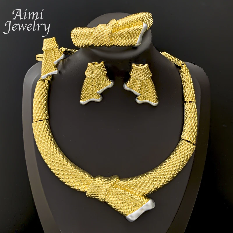 

Personalized Scarf Shaped Collar Gold Plated Jewelry Set for Women Necklace Earring Bracelet Ring Bridal Wedding Party Gifts