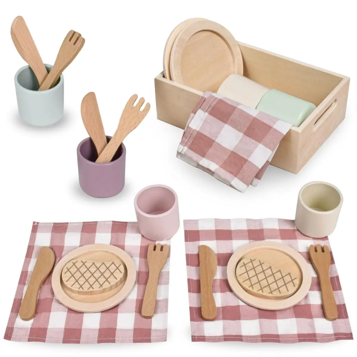 Mamabrum houten servies, bestek, borden, bekers, educatief speelgoed voor kinderen, rollenspel, 3 jaar oud, 3+