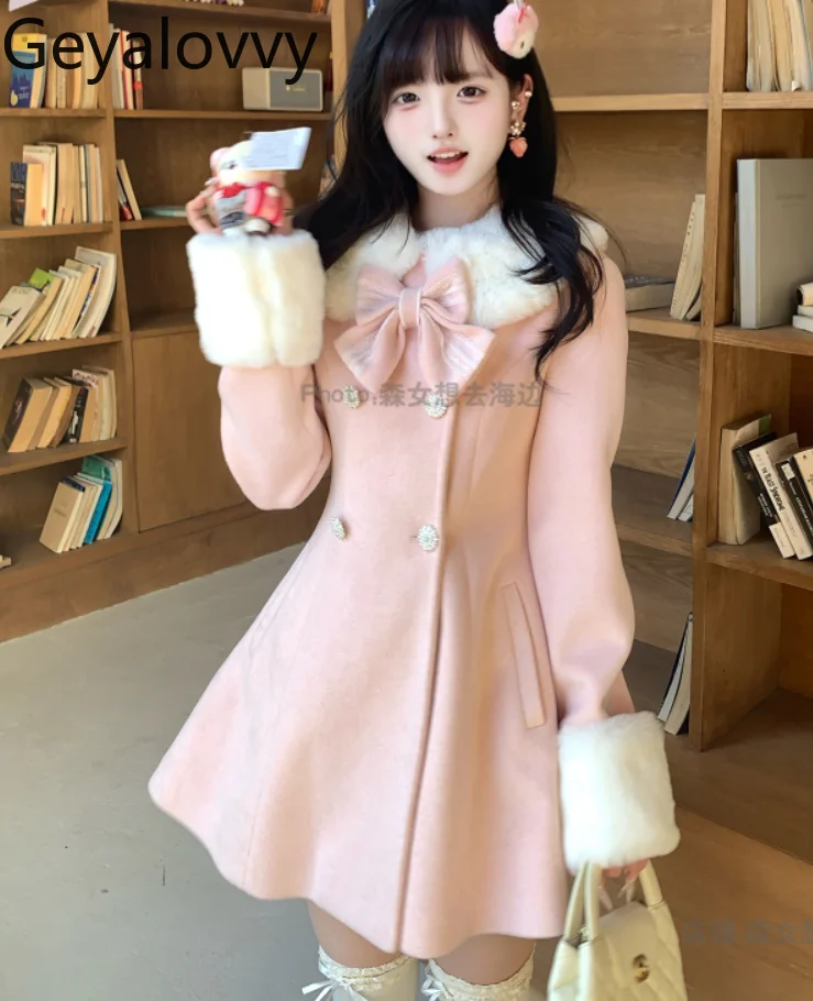 

Sweet and Cute Girl Pink Woolen Coat Autumn Winter New Double-Breasted Bow Jacket High-Waisted Slimming Mid-Length Overcoat