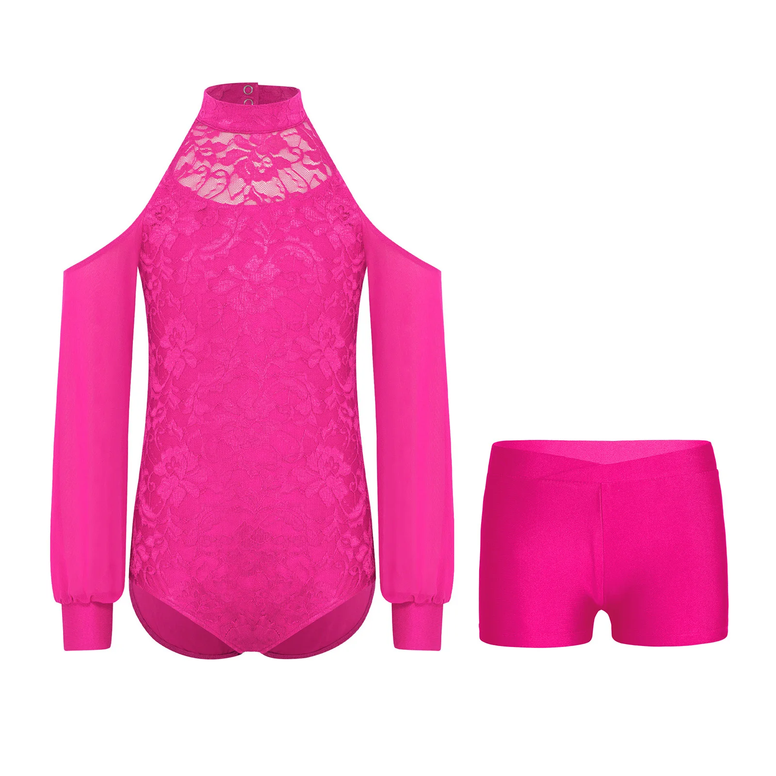 Kids Girls Ballet Gymnastics Figure Skating Outfits Sheer Mesh Long Sleeves Lace Leotard with Shorts for Stage Performance Wear