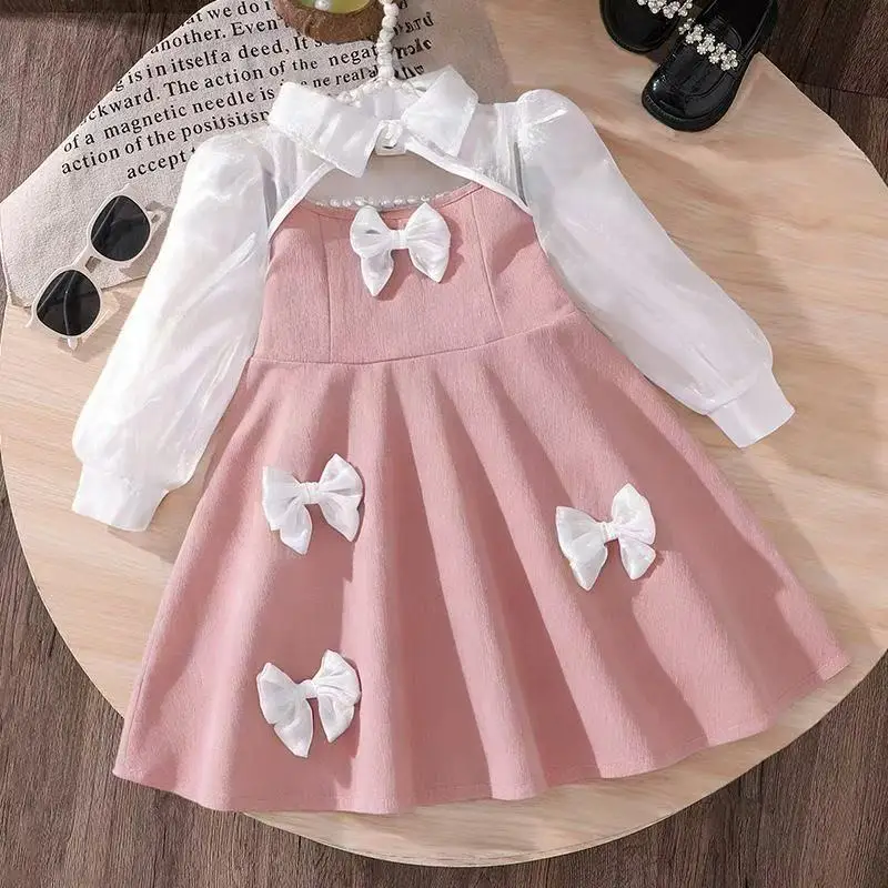 

2026 New Spring Toddler Girls Korean Style Sweet Cute Bow Mesh Long Sleeve Princess Dress for 100-130cm