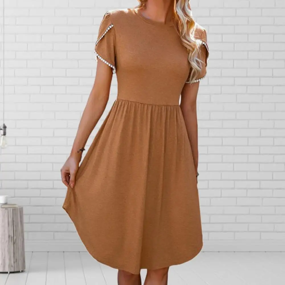 

Elegant Summer Dress O-neck Solid Color A-Line Petal Short Sleeve Pleate Hem Midi Dress T-shirt Dress Female Clothing Robe Femme