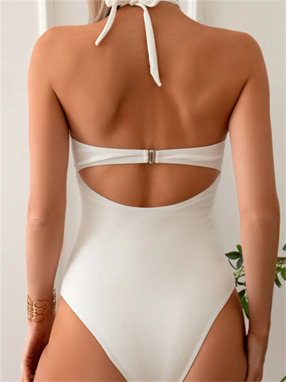 White Bikini Ribbed Sexy Hollow Out Beads Swimsuit Halter Hook Backless One-piece Swimwear Y2K Monokini Women Beach Bathing Suit