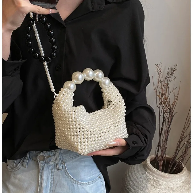 Pearl Woven Tote Crossbody Bags for Women Purses and Handbags Luxury Ladies Evening Party Wallet Hand Shoulder Bag