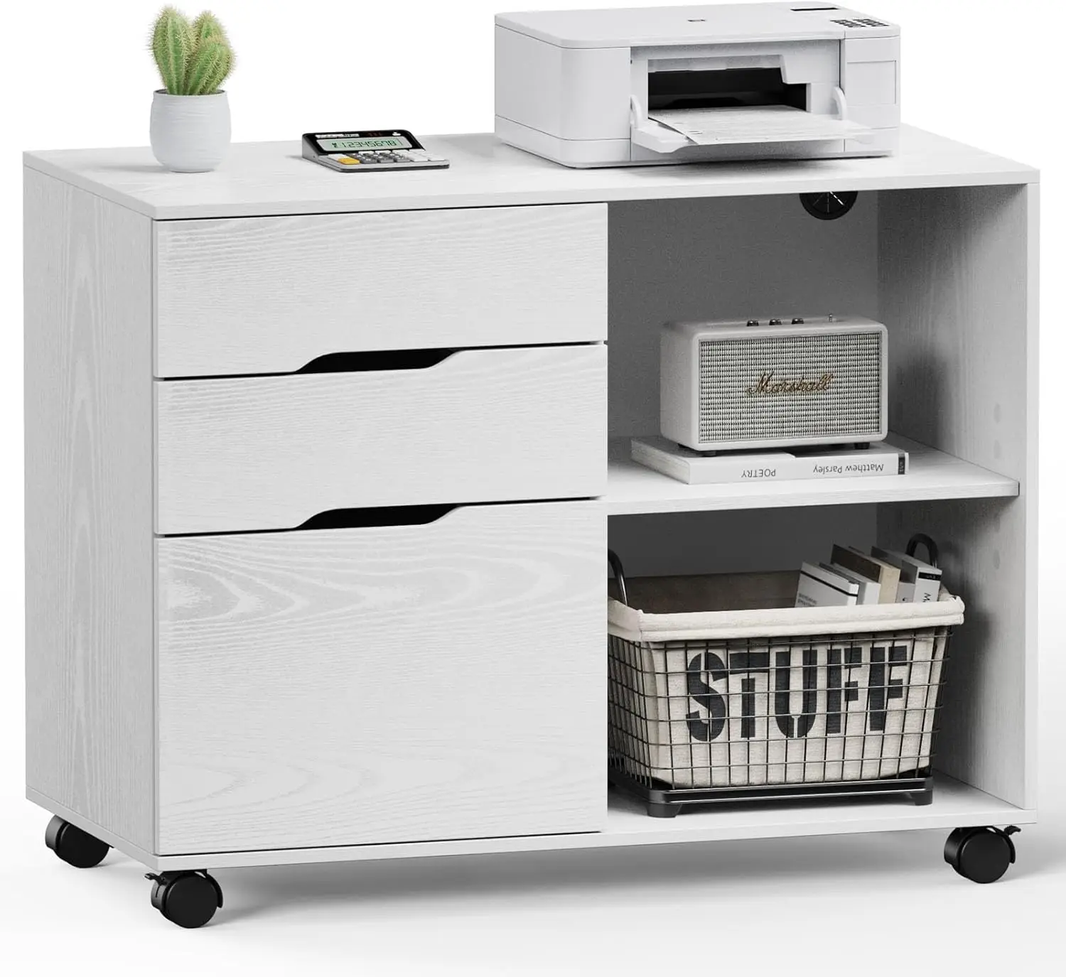 3-Drawer Rolling File Cabinet with Printer Stand, White, for Home Office